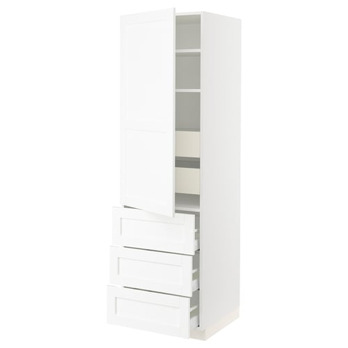 SEKTION white kitchen cabinet with drawers and shelves.
