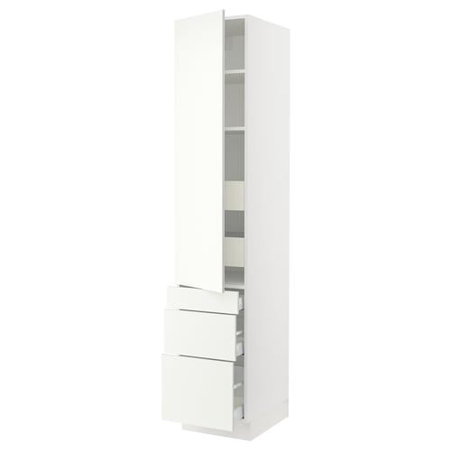 White ikea SEKTION tall kitchen cabinet with open shelves and drawers.