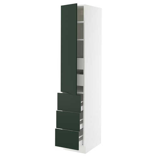 White tall kitchen cabinet with green doors and drawers.
