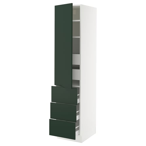 A SEKTION kitchen cabinet in white with dark green havstorp fronts, featuring multiple drawers and adjustable shelves.