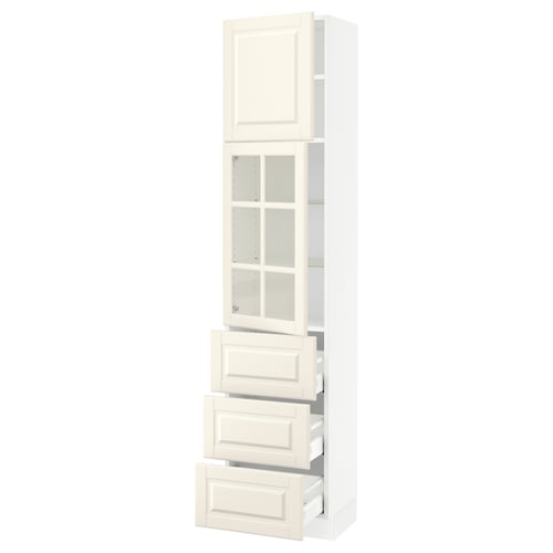 SEKTION white kitchen cabinet with glass doors and drawers.