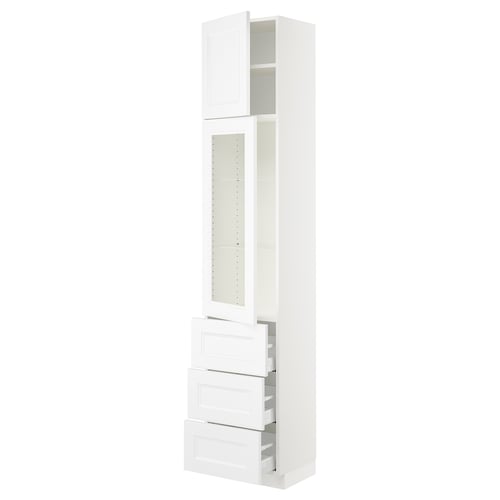 White SEKTION kitchen cabinet with glass doors, multiple shelves, and drawers, fully adjustable.