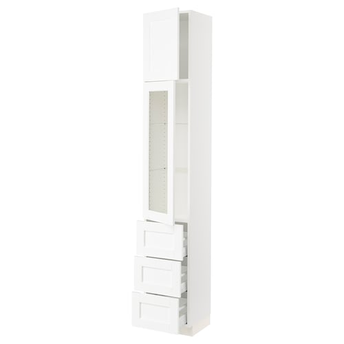 SEKTION: white kitchen cabinet with glass doors, minimalist design.
