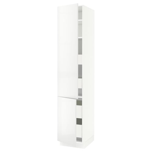 A tall, white SEKTION kitchen cabinet with a sleek, modern design and adjustable shelves.