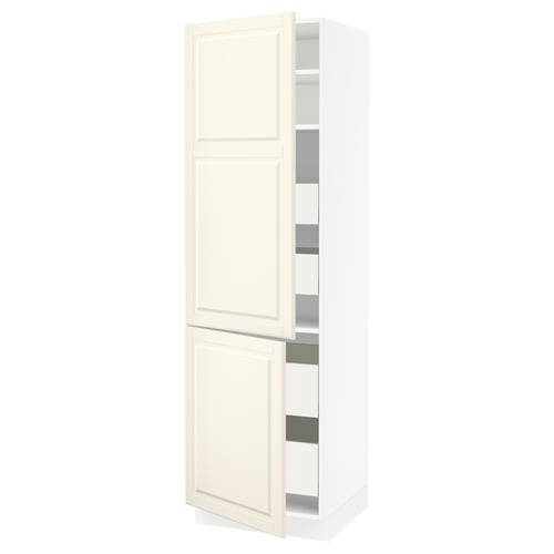 An off-white SEKTION kitchen cabinet with a classic design, featuring adjustable shelves and dampened hinges.