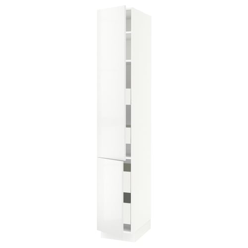 Modern white kitchen cabinet with high gloss doors. Adjustable shelves and soft-close hinges. Tall, rectangular shape for compact storage.