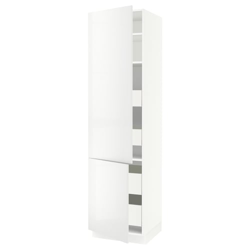 This image shows a white high gloss kitchen cabinet with two adjustable shelves and doors.