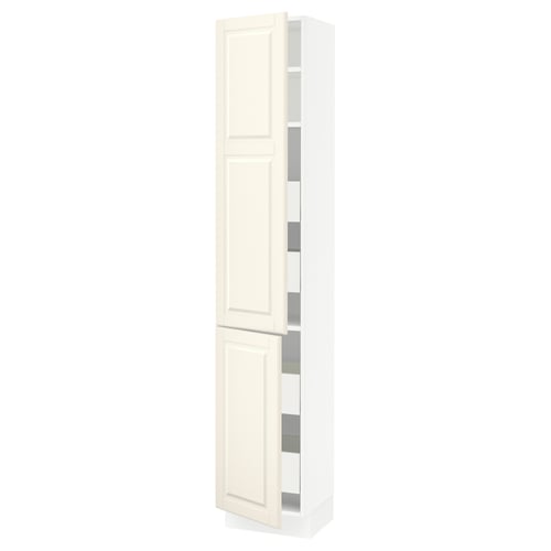 SEKTION off-white kitchen cabinet with bevelled edges, adjustable shelves and soft-closing doors.