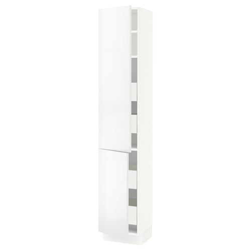 A white SEKTION tall kitchen cabinet with adjustable shelves and a modern design.