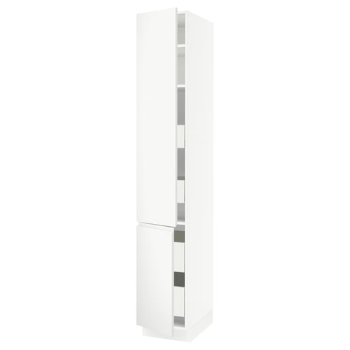 SEKTION white kitchen cabinet, sleek design, matte finish, tall and narrow, integrated handles, sturdy and modern.