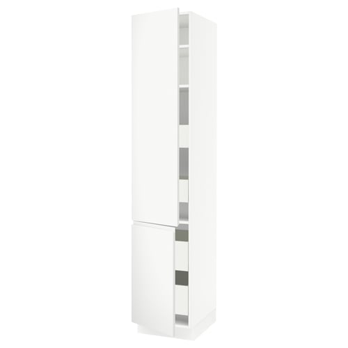 A white, tall kitchen cabinet with minimalist design and integrated handles.