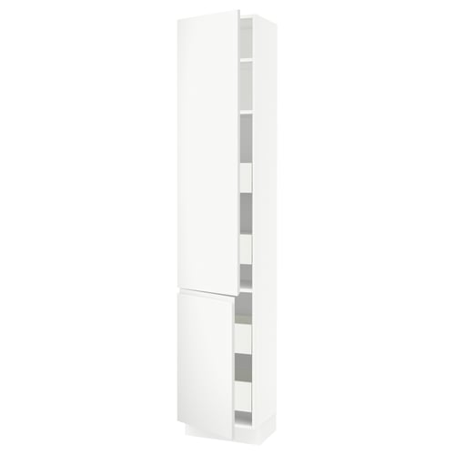 A white SEKTION kitchen cabinet with a sleek, minimalist design. It two doors and adjustable shelves inside.
