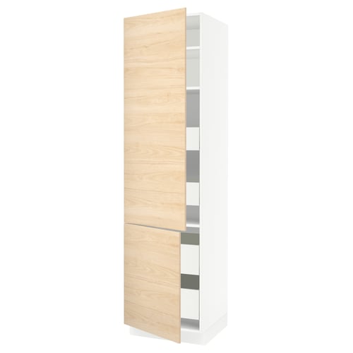 A tall white cabinet with light wood doors and adjustable shelves.
