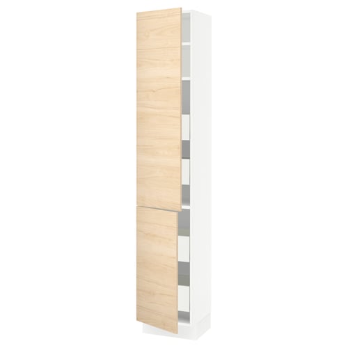 SEKTIONs white cabinet with light ash wooden doors, sleek and tall, featuring adjustable shelves.
