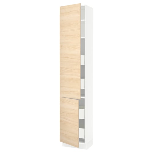 SEKTION white kitchen cabinet with light wood door and adjustable shelves.
