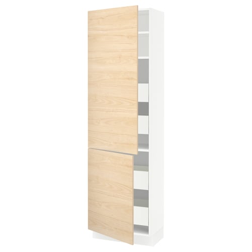 Wooden and white tall cabinet storage unit with adjustable shelves.