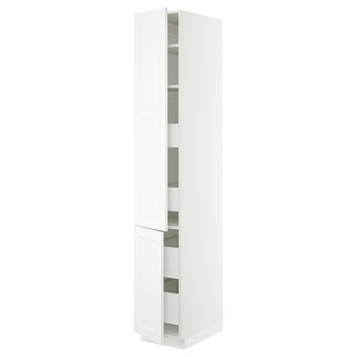 White SEKTION tall cabinet, open door, adjustable shelves - sleek & modern.