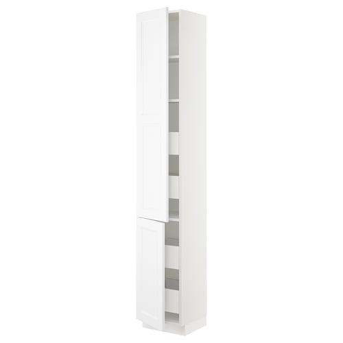A white SEKTION kitchen cabinet with two doors and adjustable shelves.
