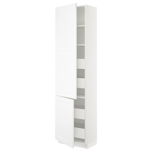 White SEKTION tall kitchen cabinet with adjustable shelves, modern design, plastic edges, and a 19mm thick sturdy frame.
