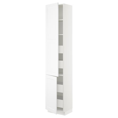 Ikea SEKTION kitchen cabinet in white, tall and slim with adjustable shelves and soft-close hinges.
