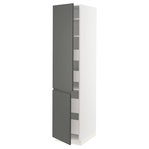 SEKTION kitchen cabinet in white and dark grey, slim and tall, with adjustable shelves.