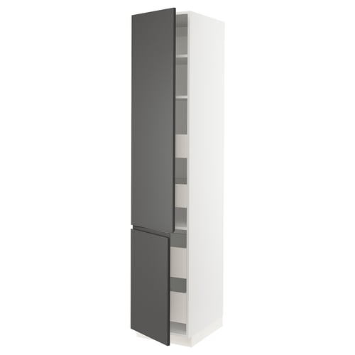 Modern kitchen cabinet, white & grey, tall, sleek, adjustable shelves.