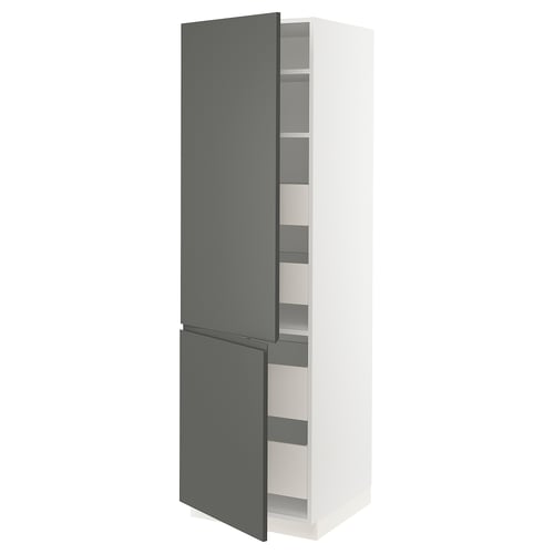 White kitchen cabinet with grey doors open, featuring multiple shelves.