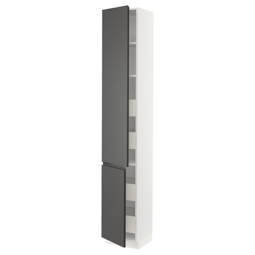 SEKTION kitchen cabinet, dark grey, modern design, white and grey, tall and slim, with shelves.