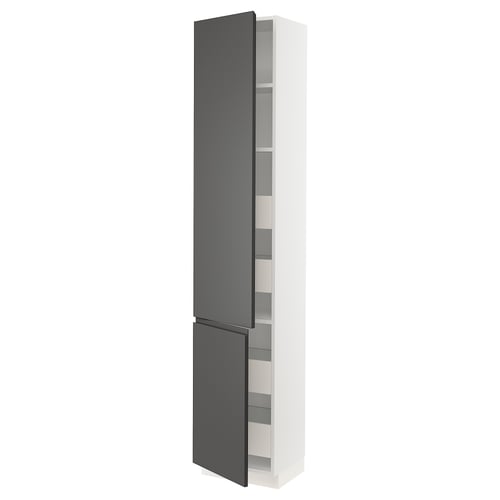 White storage cabinet with grey door, sleek design, multiple shelves.