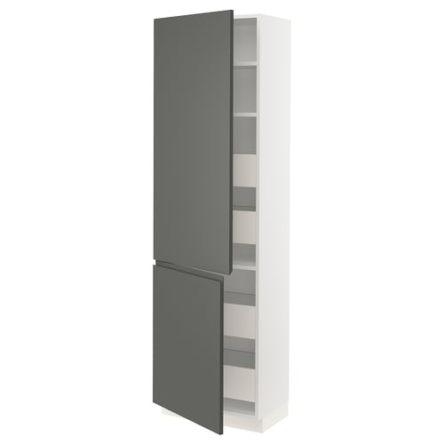 An ikea SEKTION kitchen cabinet in white with dark gray doors, featuring adjustable shelves and a modern design.