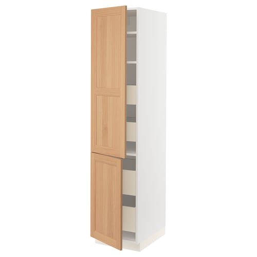 SEKTION cabinet in oak with two doors and shelves. Tall, rectangular design with adjustable shelves and soft-closing hinges.