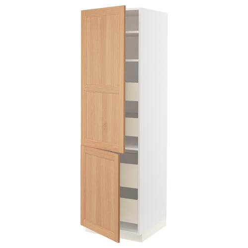 Open white SEKTION cabinet with oak doors and adjustable shelves.