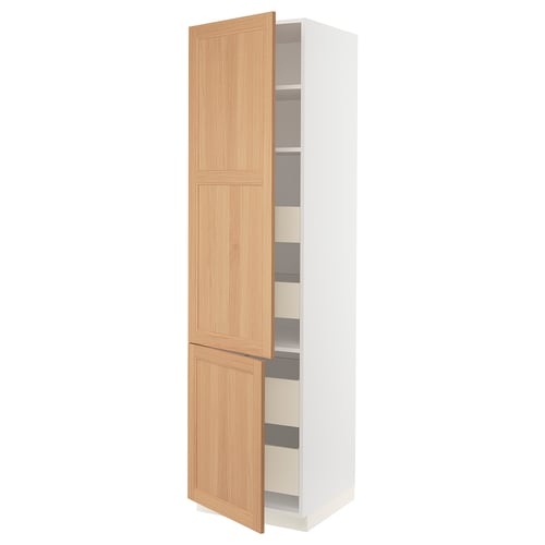 A tall white cabinet with light wood doors from the SEKTION kitchen system by IKEA. One door is open, revealing multiple shelves inside.