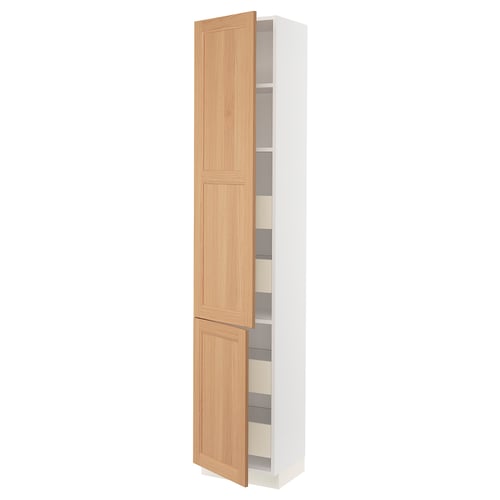 White and oak SEKTION cabinet with adjustable shelves and drawers, minimalist design.