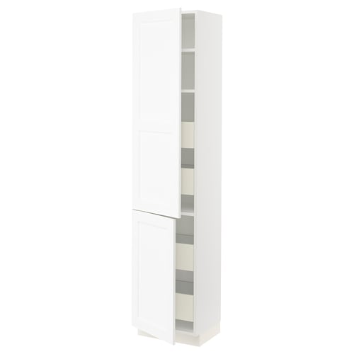 SEKTION white kitchen cabinet with adjustable shelves, sleek design, and wooden finish.