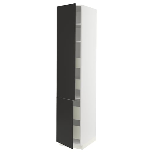 Colourful kitchen cabinet, modern black and white design, tall with adjustable shelves and drawers.