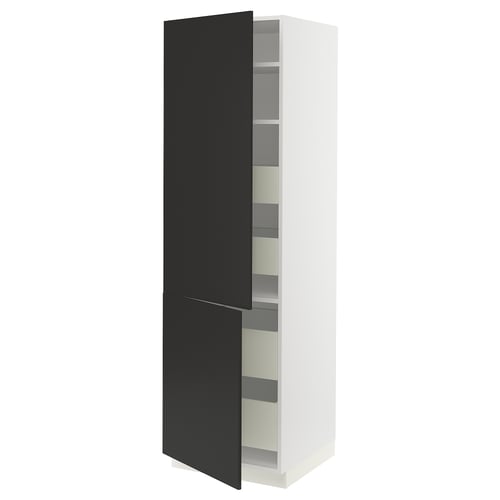Modern kitchen cabinet, white and black, sleek design with adjustable shelves and drawers.