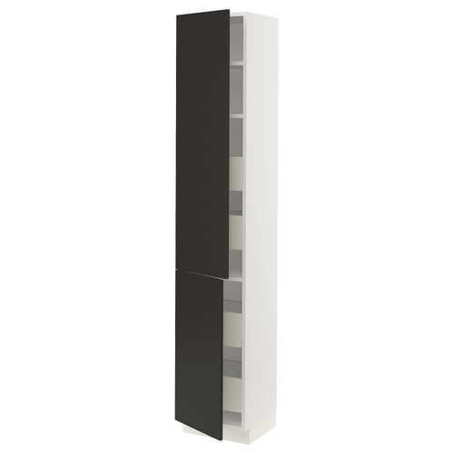 Modern kitchen cabinet, black and white, tall, multiple shelves.