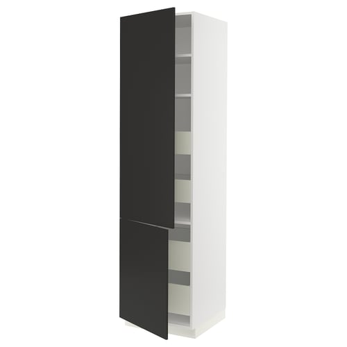 Modern black and white cabinet with adjustable shelves, sleek design.