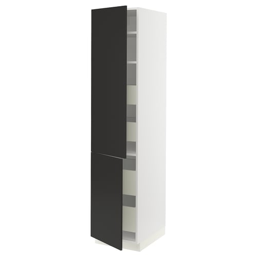 An ikea SEKTION kitchen cabinet in white and black. It two black doors and adjustable shelves inside. The design is modern and sleek.