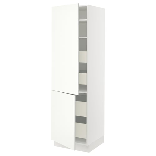 A white SEKTION kitchen cabinet with adjustable shelves and a soft-closing hinge.