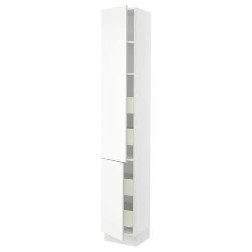 SEKTION white kitchen cabinet with adjustable shelves and soft-closing doors.