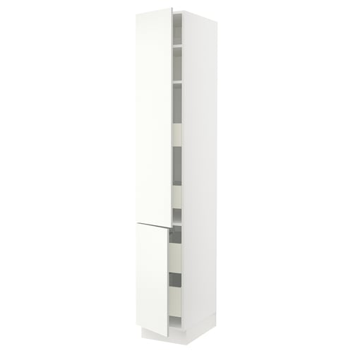 Ikea SEKTION white kitchen cabinet, tall with adjustable shelves, modern design.