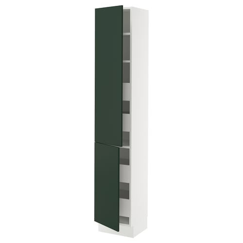 SEKTION green cabinet; tall, white, adjustable shelves, green door.