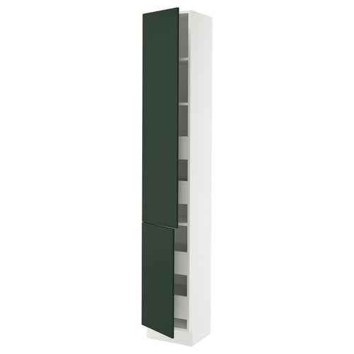Ikea SEKTION white and dark green tall kitchen cabinet with adjustable shelves.