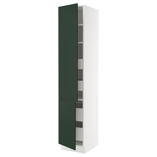 A tall, white SEKTION cabinet with deep green doors and adjustable shelves.
