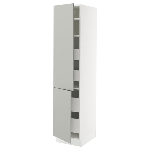 SEKTION white kitchen cabinet with grey drawers, modern minimalist design.