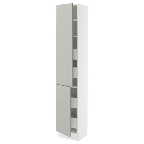 SEKTION tall white cabinet, sleek design, mirrored doors, silver handles, modern look.