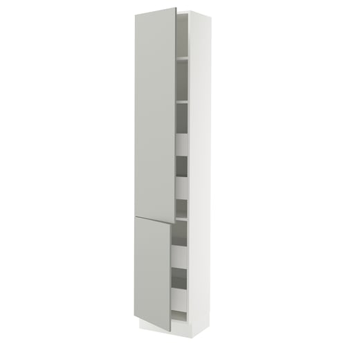 SEKTION white kitchen cabinet, light grey, modern design with adjustable shelves and soft-close hinges.
