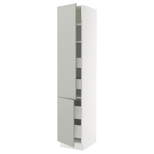 SEKTION tall white kitchen cabinet, light grey, modern, adjustable shelves, soft-close hinges.